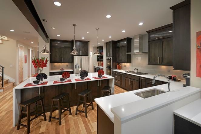 Photo of a contemporary l-shaped kitchen in Denver with a single-bowl sink, dark wood cabinets, engineered stone countertops, stainless steel appliances, light hardwood flooring and an island.