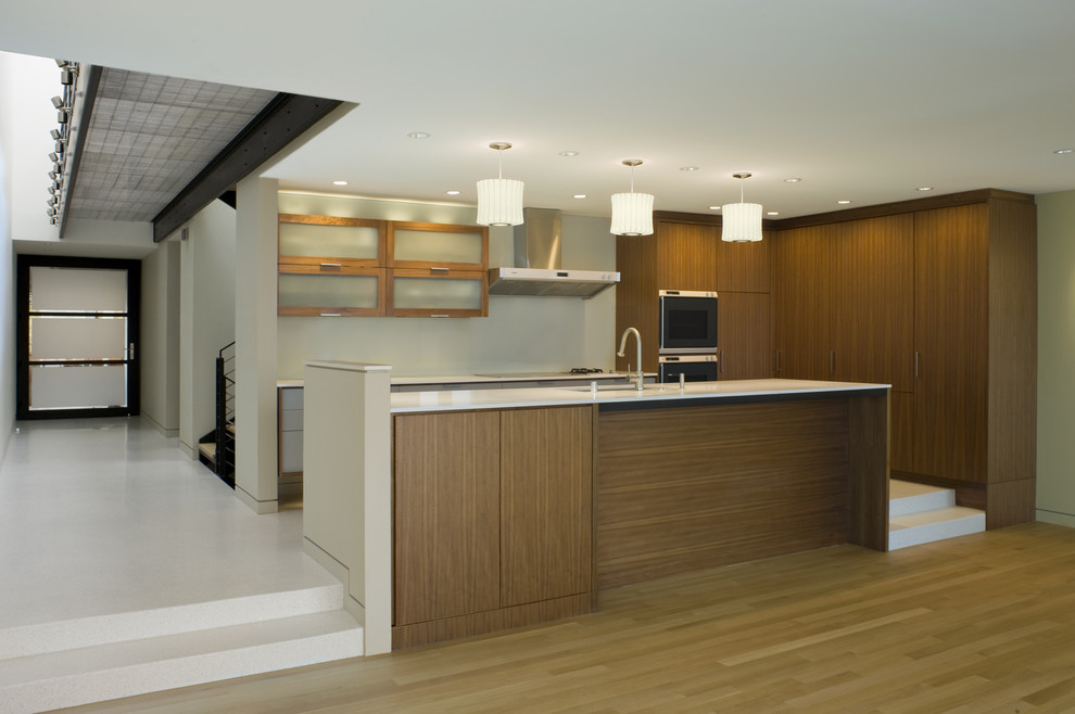 Cette photo montre une cuisine moderne en bois brun avec un placard à porte plane.