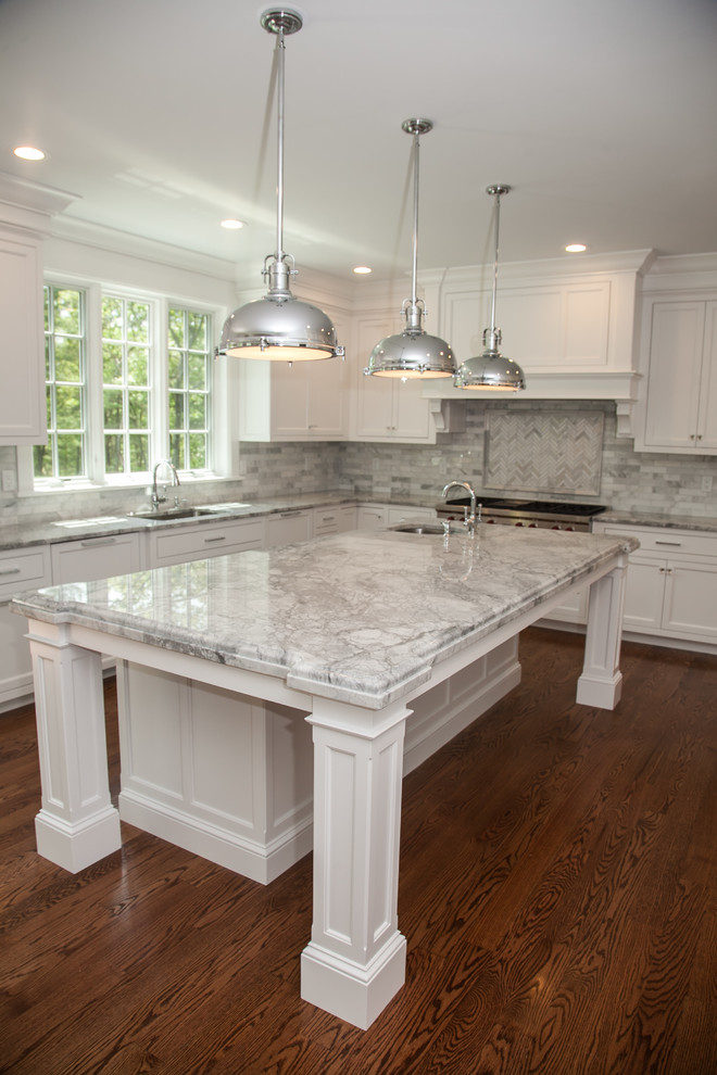 Super White Quartzite Laminate Island Transitional Kitchen Boston