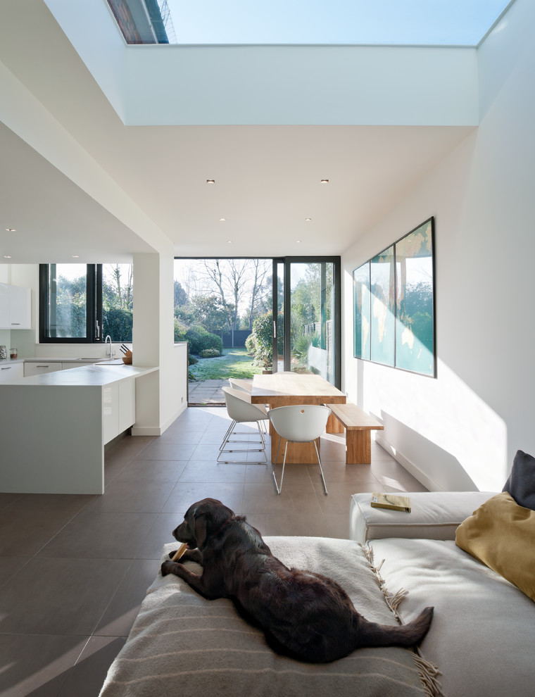 Inspiration for a mid-sized contemporary u-shaped eat-in kitchen remodel in London with an undermount sink, flat-panel cabinets, white cabinets and a peninsula
