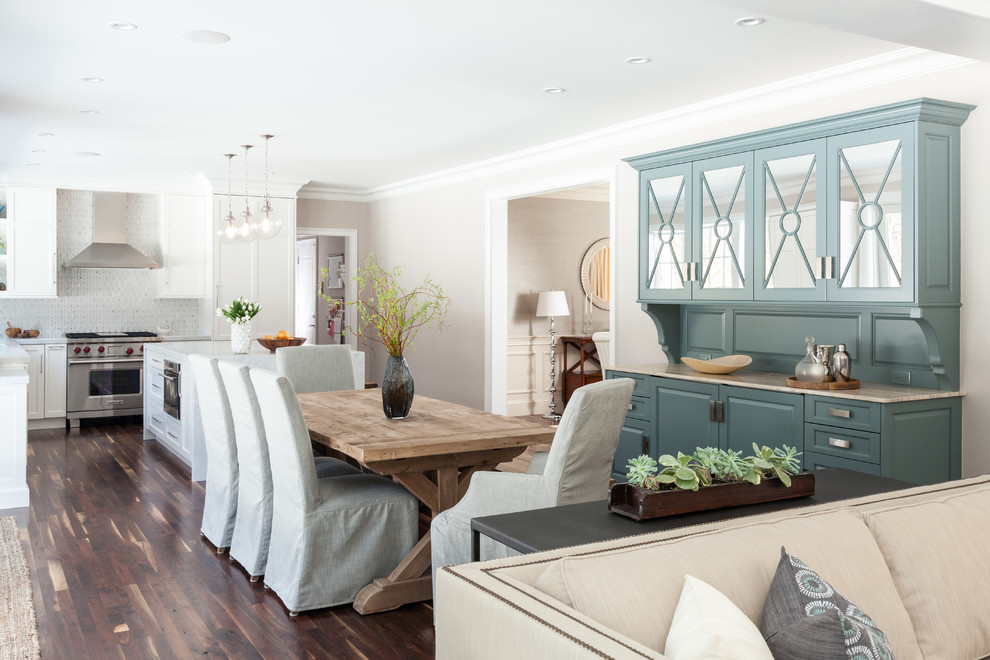 Open concept kitchen - transitional l-shaped dark wood floor open concept kitchen idea in Boston with shaker cabinets and white cabinets