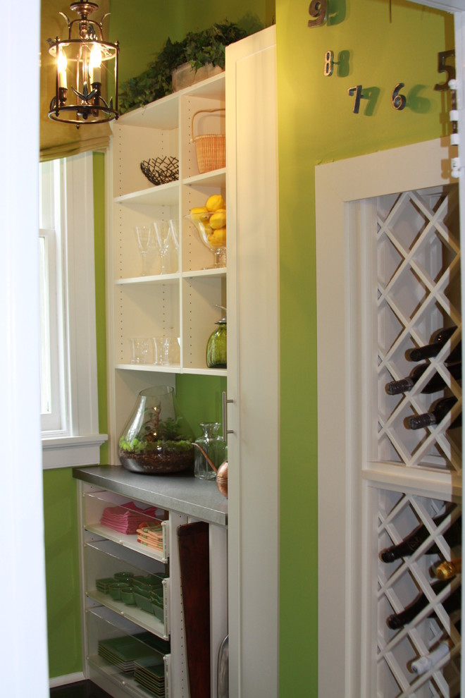 Small transitional u-shaped painted wood floor kitchen pantry photo in Richmond with raised-panel cabinets, white cabinets and laminate countertops