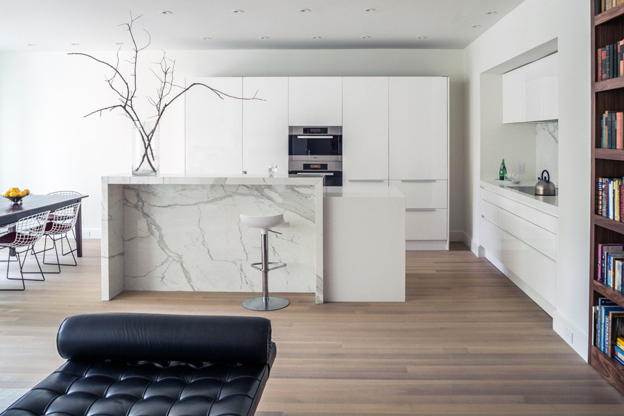 Inspiration for a modern kitchen/diner in DC Metro with a submerged sink, flat-panel cabinets, white splashback, light hardwood flooring and an island.