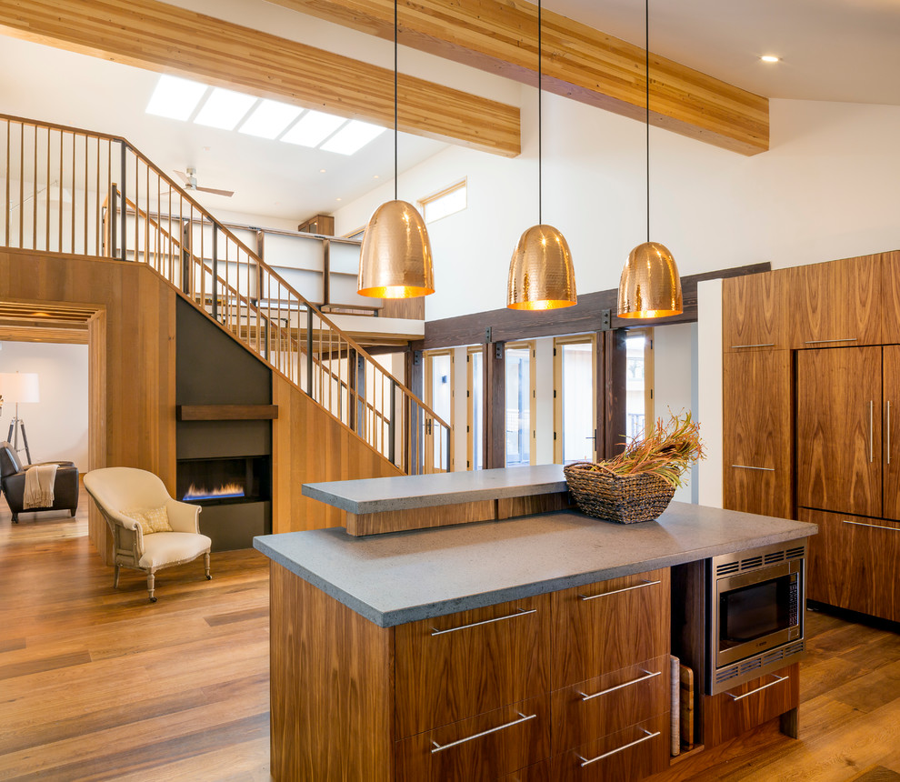 Идея дизайна: кухня-гостиная в стиле неоклассика (современная классика) с плоскими фасадами, фасадами цвета дерева среднего тона и техникой из нержавеющей стали