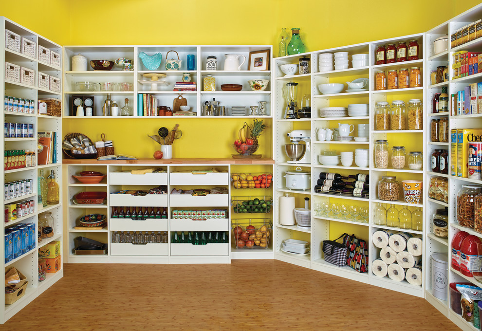 Large rural u-shaped kitchen pantry in Philadelphia with open cabinets, white cabinets, yellow splashback and light hardwood flooring.