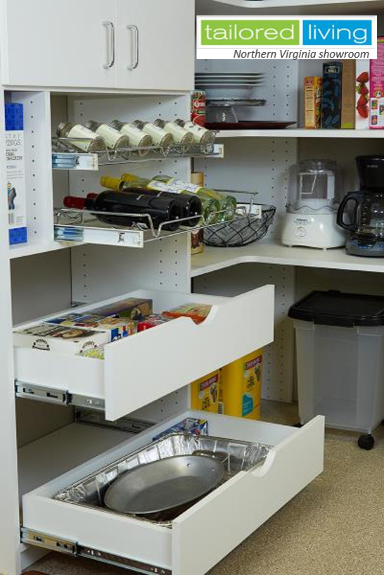Photo of a medium sized modern l-shaped kitchen pantry in DC Metro with open cabinets, white cabinets, white appliances and no island.