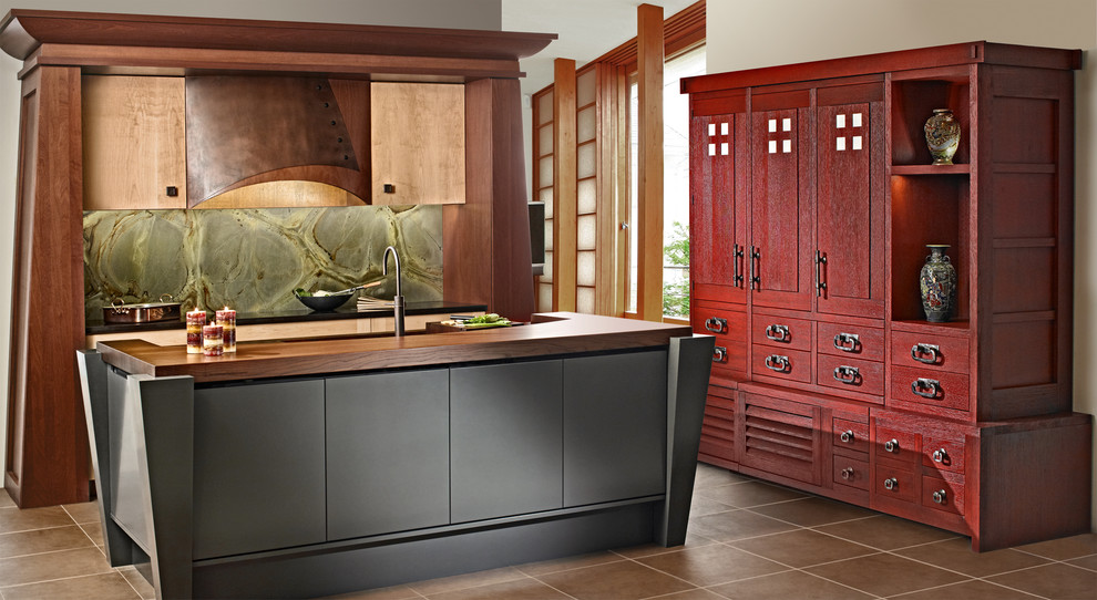 Eat-in kitchen - small u-shaped eat-in kitchen idea in Other with a drop-in sink, recessed-panel cabinets, light wood cabinets, green backsplash, stone slab backsplash, black appliances and an island