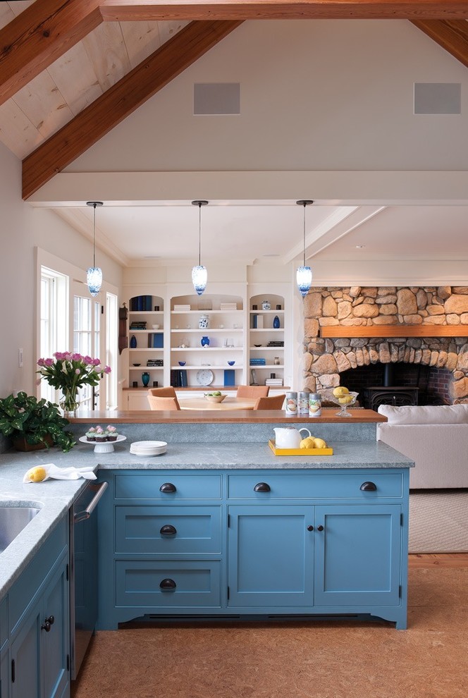 Inspiration for a mid-sized eclectic u-shaped cork floor open concept kitchen remodel in Boston with shaker cabinets, blue cabinets, an undermount sink, granite countertops, gray backsplash, stone slab backsplash and a peninsula
