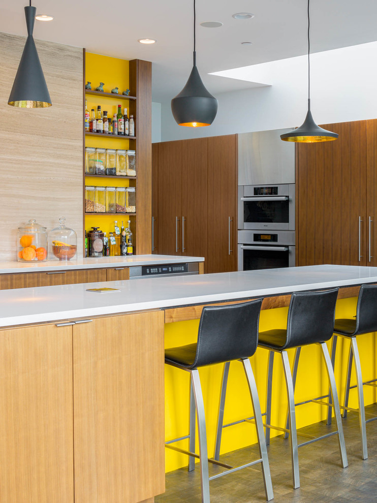 Immagine di un cucina con isola centrale minimal con ante lisce, ante in legno scuro, elettrodomestici in acciaio inossidabile, parquet scuro e pavimento marrone