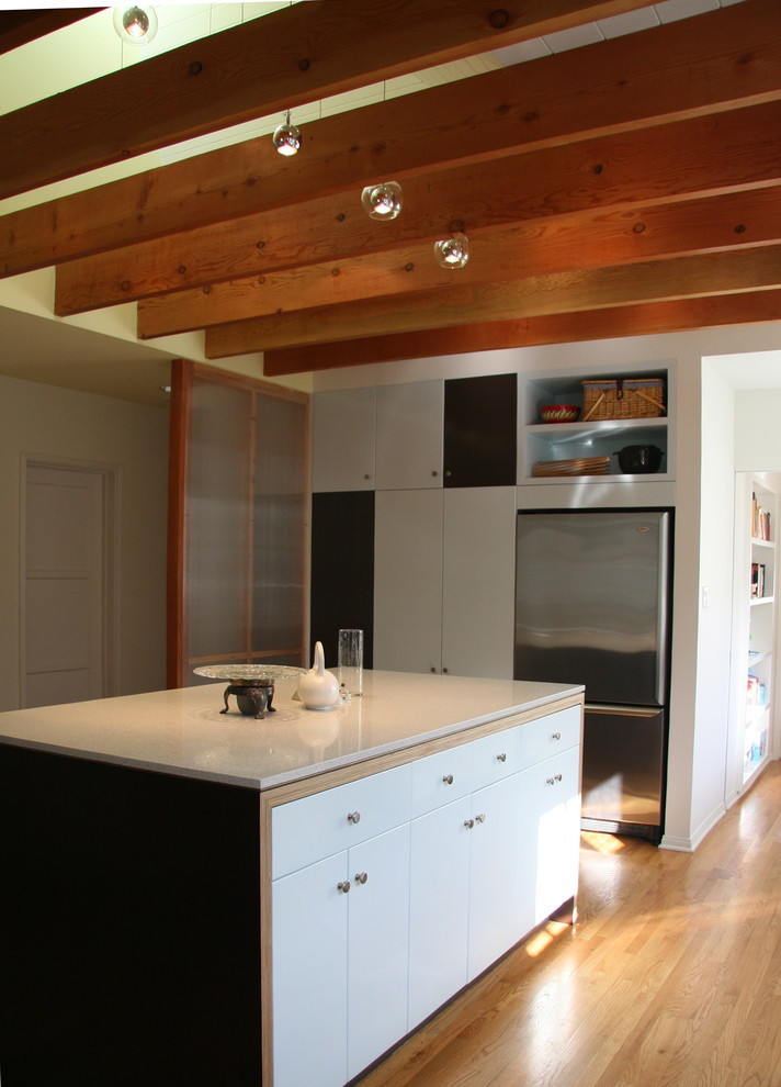 Cette image montre une cuisine bohème avec un placard à porte plane, des portes de placard blanches et un électroménager en acier inoxydable.