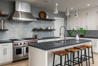 Hingham gray kitchen with Quartz counter tops & accessories