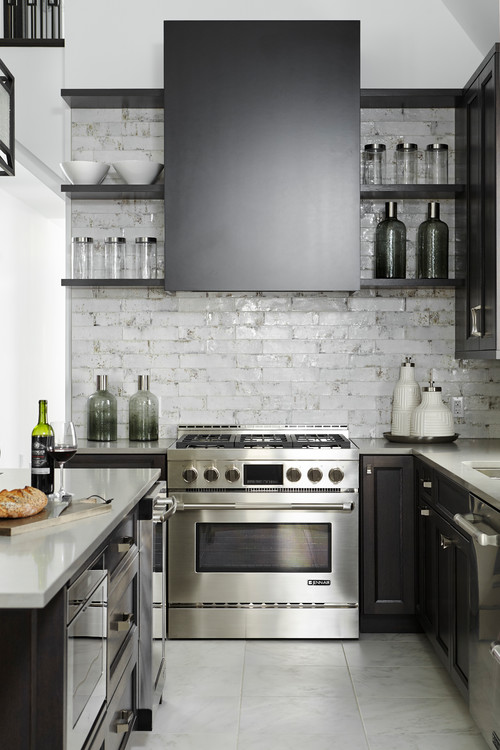 Small Kitchen Shelf Designs in a Black and White Transitional Kitchen with Stainless Steel Appliances