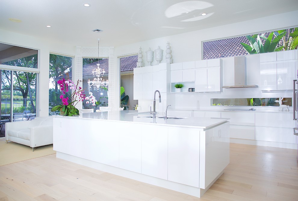 Cette image montre une cuisine américaine design en L avec des portes de placard blanches, parquet clair et îlot.