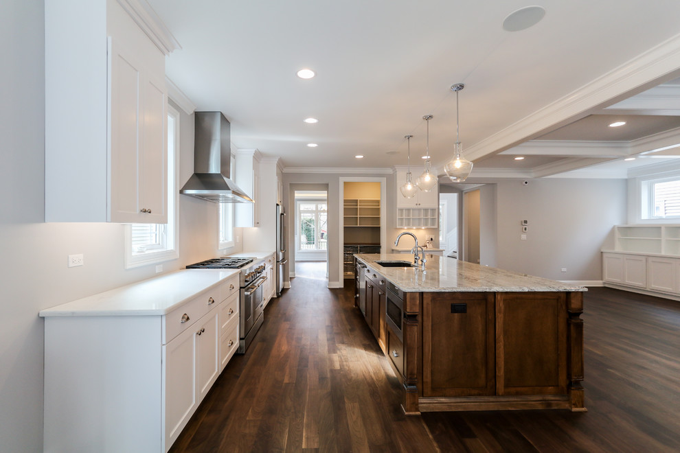 Large trendy medium tone wood floor and brown floor eat-in kitchen photo in Chicago with a drop-in sink, dark wood cabinets, granite countertops, stainless steel appliances and an island