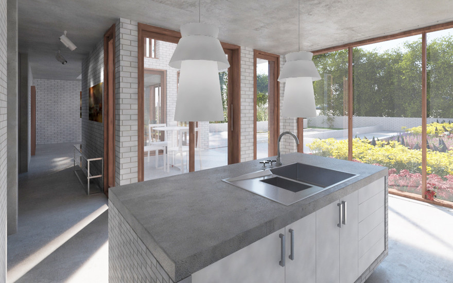 This is an example of a medium sized classic kitchen/diner in London with a belfast sink, flat-panel cabinets, grey cabinets, concrete worktops, black splashback, glass sheet splashback, stainless steel appliances, concrete flooring and an island.