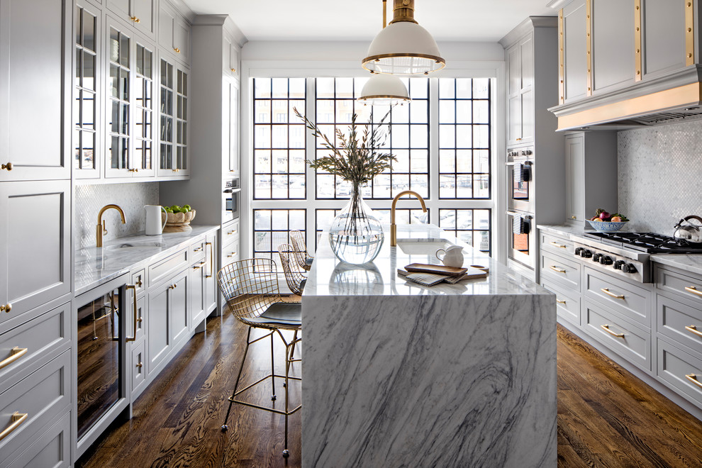 Inspiration for a classic kitchen in Baltimore with marble worktops, a submerged sink, shaker cabinets, grey cabinets, multi-coloured splashback, mosaic tiled splashback, dark hardwood flooring, an island, multicoloured worktops and brown floors.