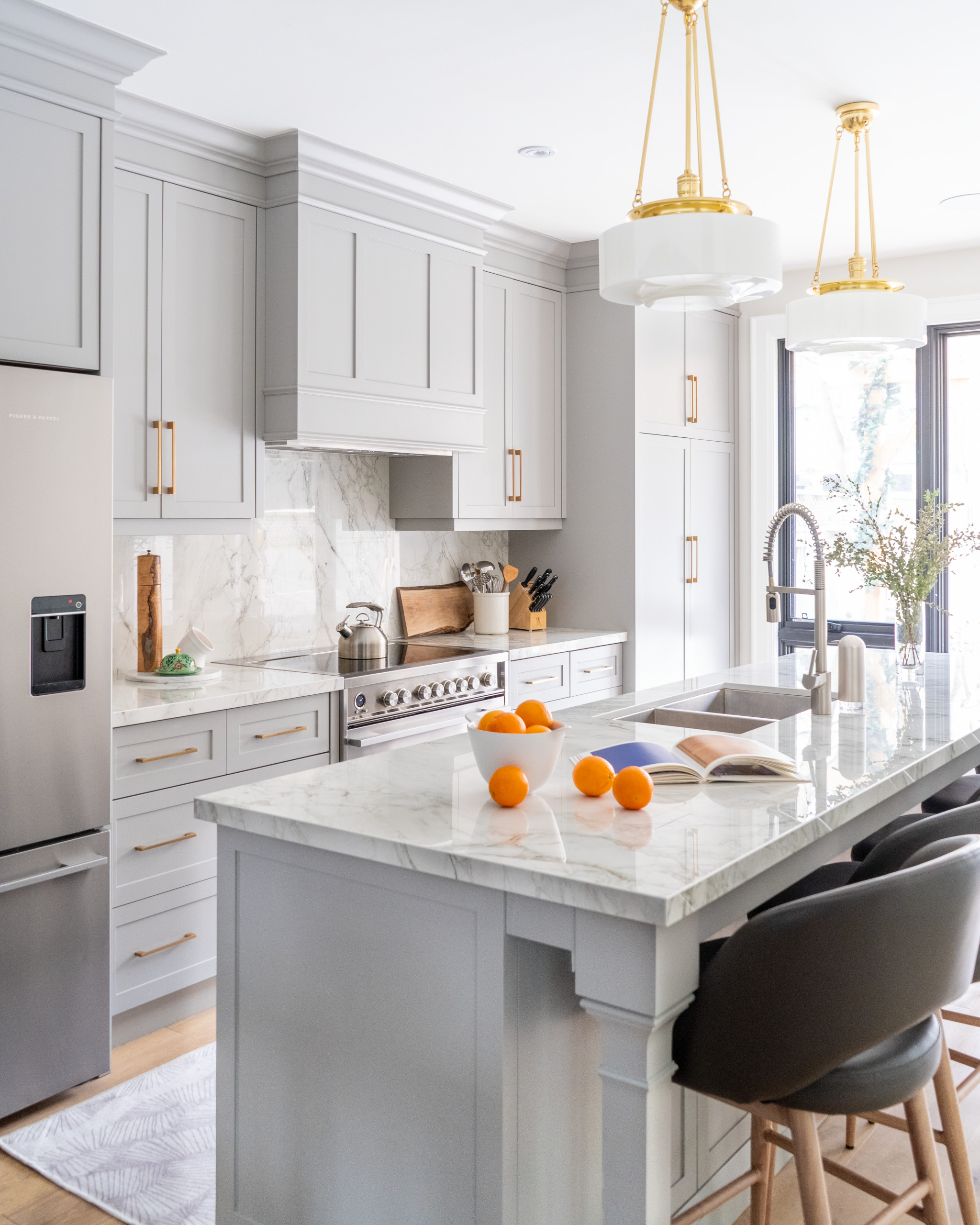 Gray Kitchen Cabinetry with Brass Knobs - Transitional - Kitchen