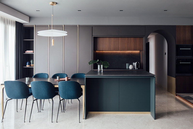 Свежая идея для дизайна: кухня-гостиная среднего размера в стиле модернизм с столешницей из кварцита и островом - отличное фото интерьера