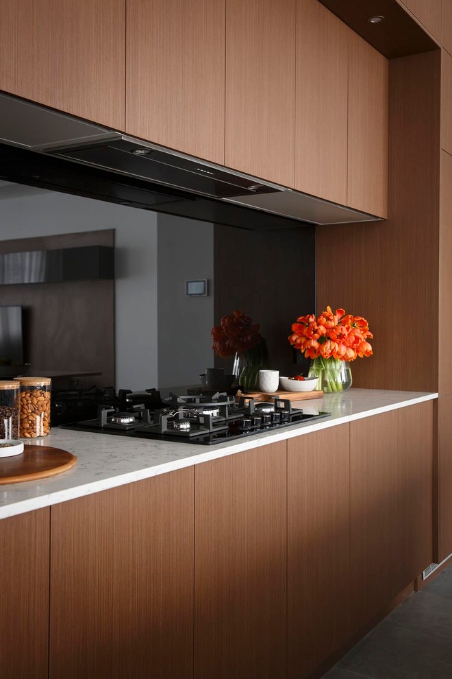 Modelo de cocina contemporánea con armarios con paneles lisos, puertas de armario de madera en tonos medios, salpicadero negro y salpicadero de vidrio templado