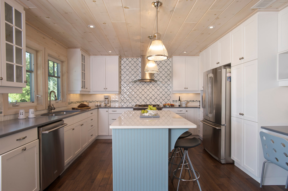 Inspiration for a beach style u-shaped kitchen in Toronto with a double-bowl sink, shaker cabinets, white cabinets, multi-coloured splashback, stainless steel appliances, dark hardwood flooring and an island.