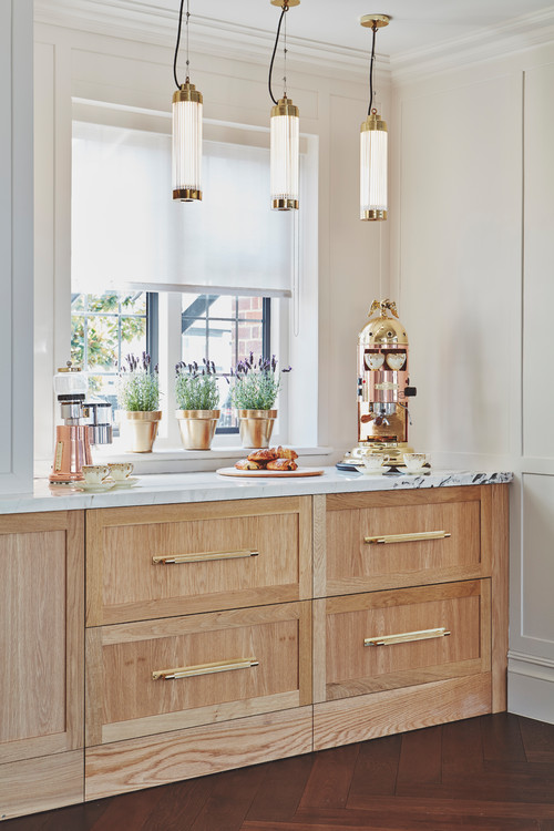 Elegant Kitchen Coffee Bar Concepts: Walnut Cabinets, Quartz Countertops, and Gold Handles