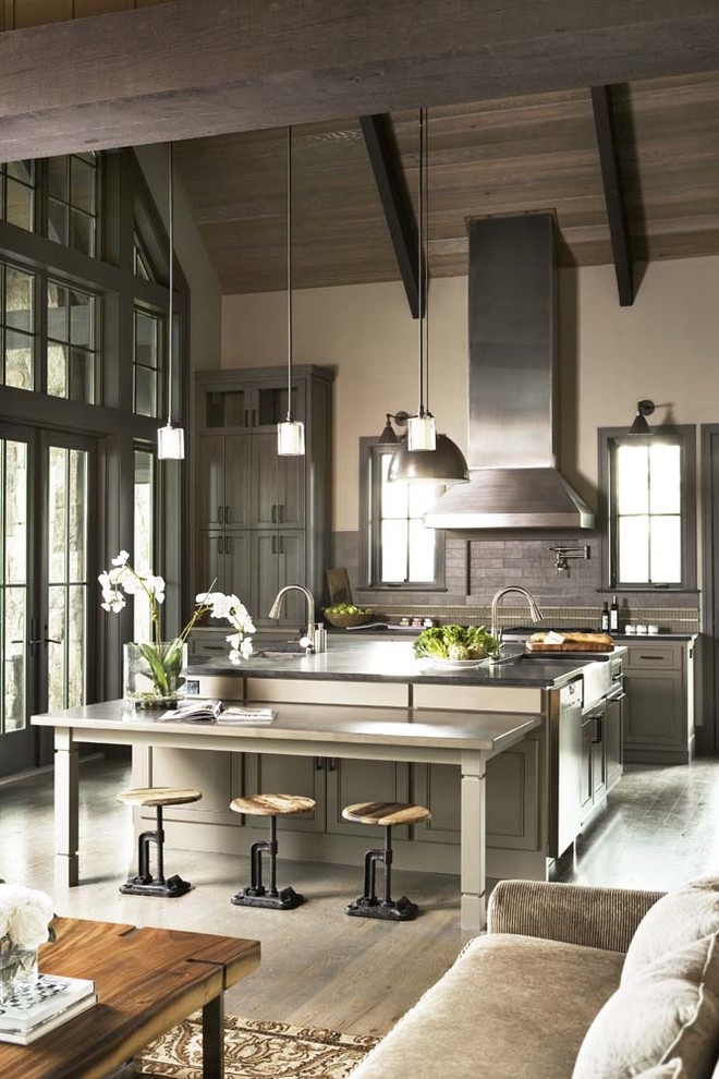 Inspiration for a rustic open concept kitchen remodel in Other with gray cabinets, gray backsplash, shaker cabinets, stainless steel appliances, an island and granite countertops