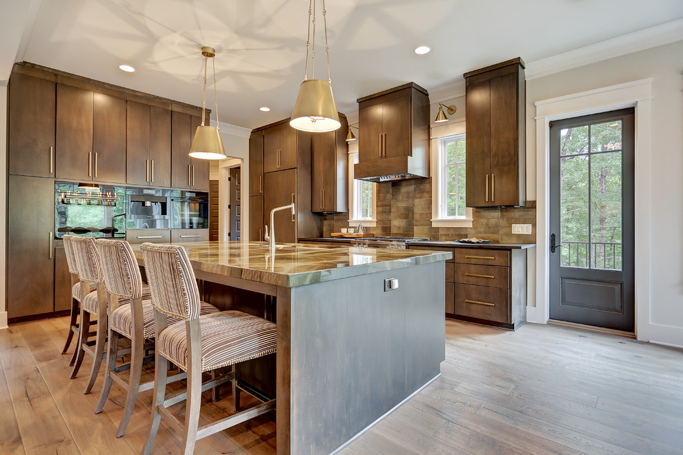 Mid-sized minimalist l-shaped medium tone wood floor and brown floor open concept kitchen photo in Other with an undermount sink, flat-panel cabinets, dark wood cabinets, brown backsplash, ceramic backsplash, stainless steel appliances, an island and brown countertops