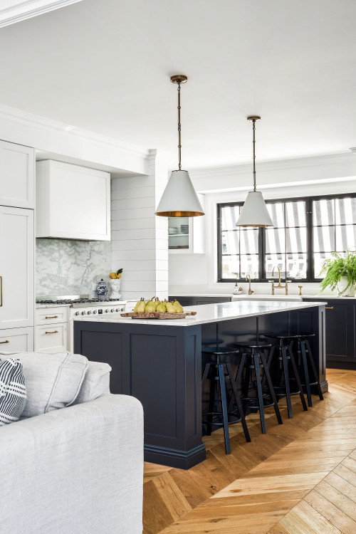 Black Island Focal Point: White Shaker Style Cabinets in Modern Farmhouse Kitchen Ideas