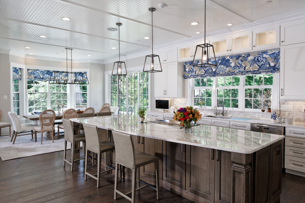 Inspiration for a huge timeless l-shaped brown floor, shiplap ceiling and dark wood floor eat-in kitchen remodel in DC Metro with an island, medium tone wood cabinets, stainless steel appliances, an undermount sink, recessed-panel cabinets, granite countertops, multicolored backsplash, ceramic backsplash and multicolored countertops