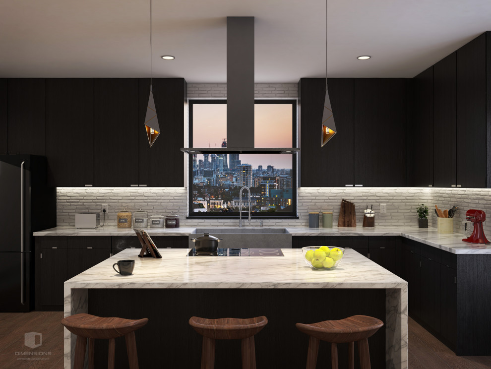 Exempel på ett modernt flerfärgad flerfärgat kök, med en rustik diskho, släta luckor, svarta skåp, marmorbänkskiva, vitt stänkskydd, stänkskydd i tegel, svarta vitvaror, mellanmörkt trägolv, en köksö och brunt golv