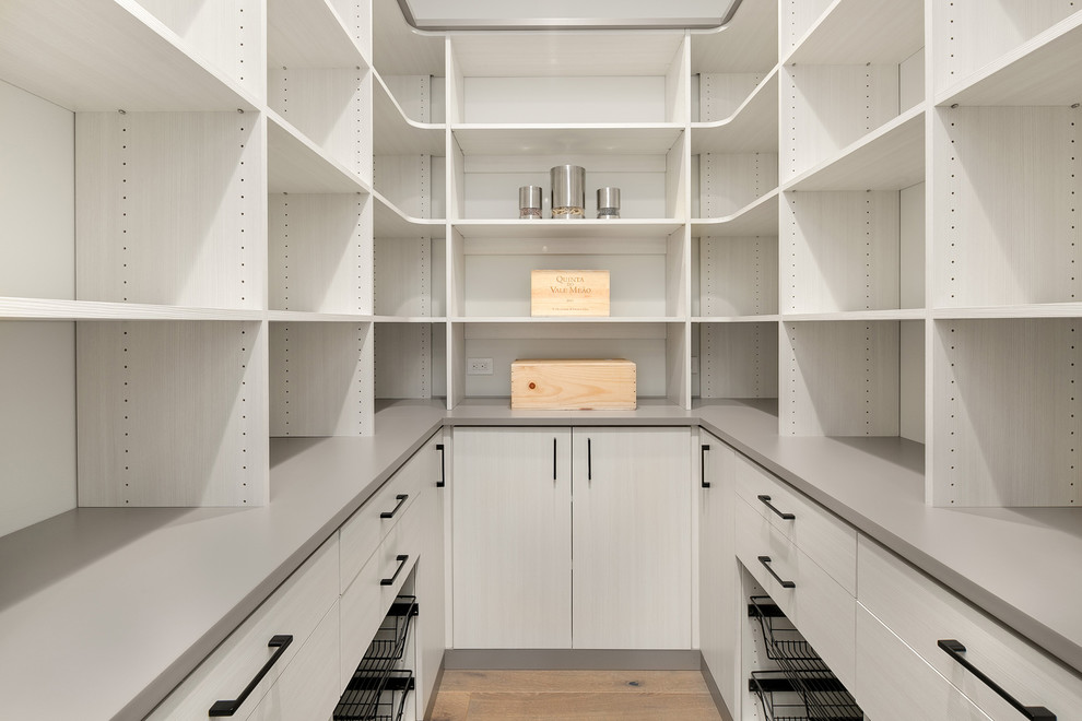Foto de cocina contemporánea grande con despensa, armarios con paneles lisos, puertas de armario grises, suelo de madera en tonos medios, suelo gris y encimeras grises