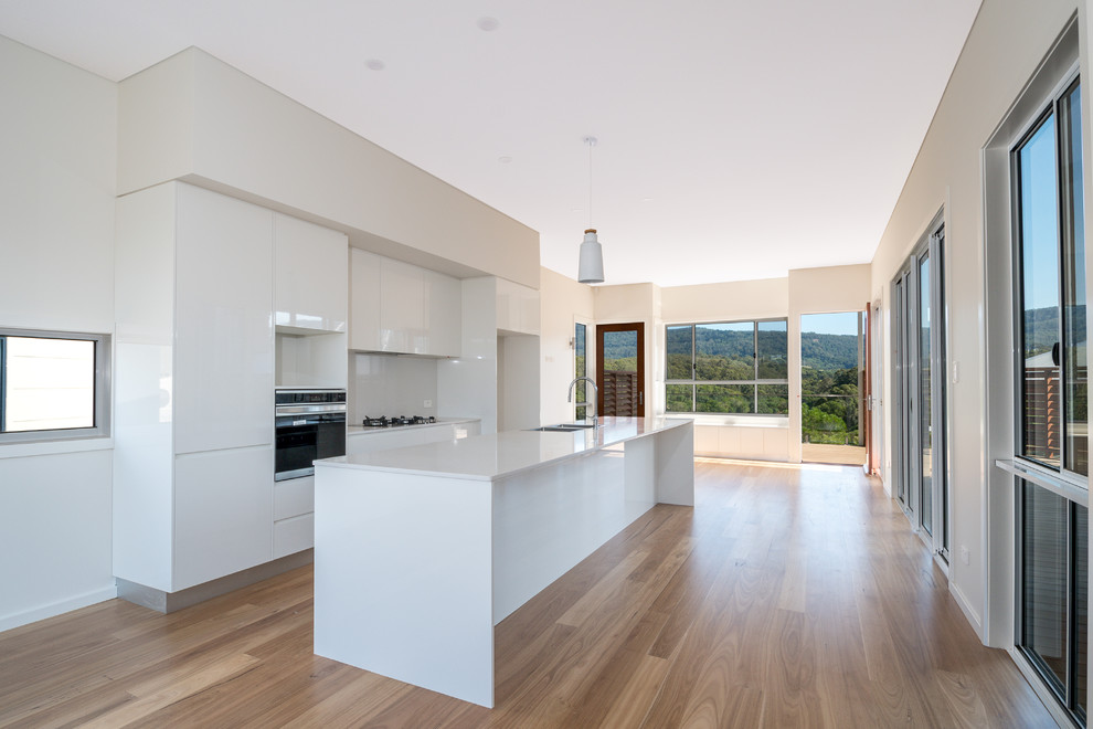 Diseño de cocina comedor contemporánea con puertas de armario blancas, electrodomésticos de acero inoxidable, suelo de madera clara y una isla