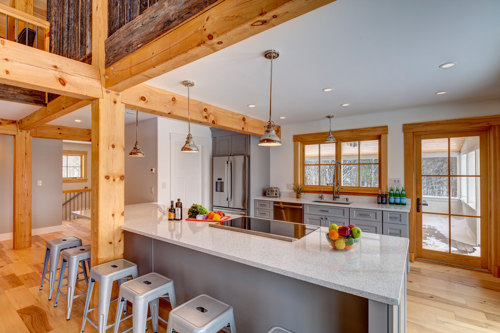 Medium sized rural galley kitchen/diner in Boston with a single-bowl sink, flat-panel cabinets, grey cabinets, stainless steel appliances and medium hardwood flooring.