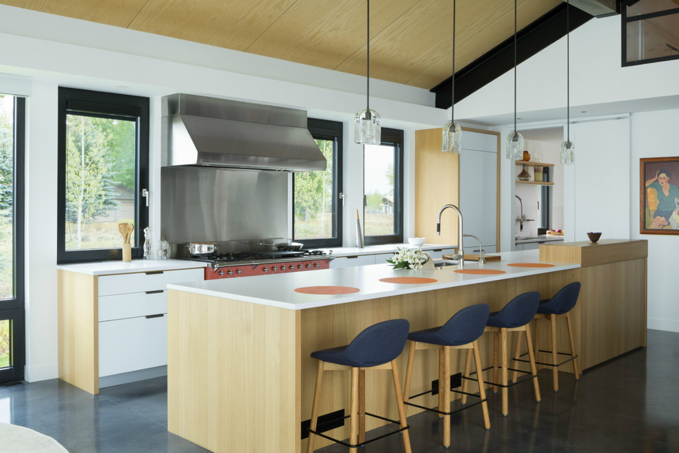 Свежая идея для дизайна: параллельная кухня в стиле кантри с врезной мойкой, плоскими фасадами, белыми фасадами, цветной техникой, бетонным полом, островом и серым полом - отличное фото интерьера