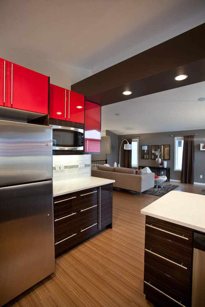 Diseño de cocina contemporánea con electrodomésticos de acero inoxidable y puertas de armario rojas