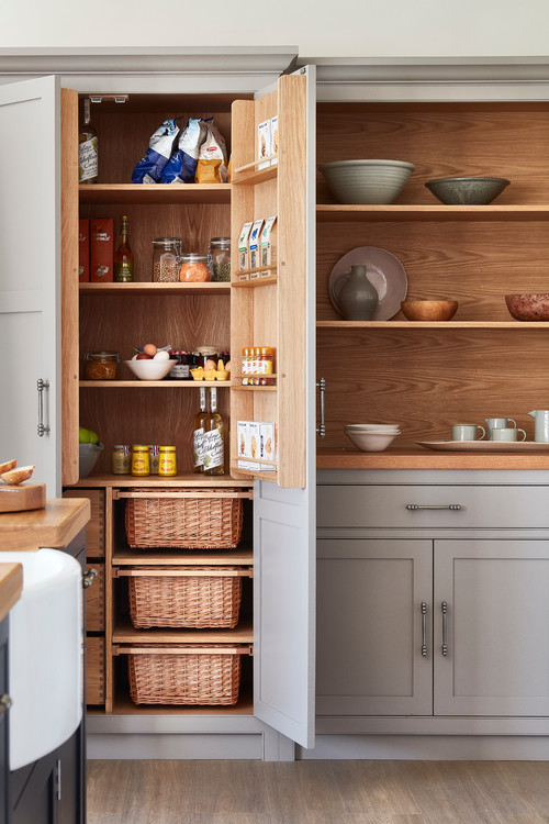 Unique Pantry Inspirations: Grey Shaker Cabinets with Wood Details