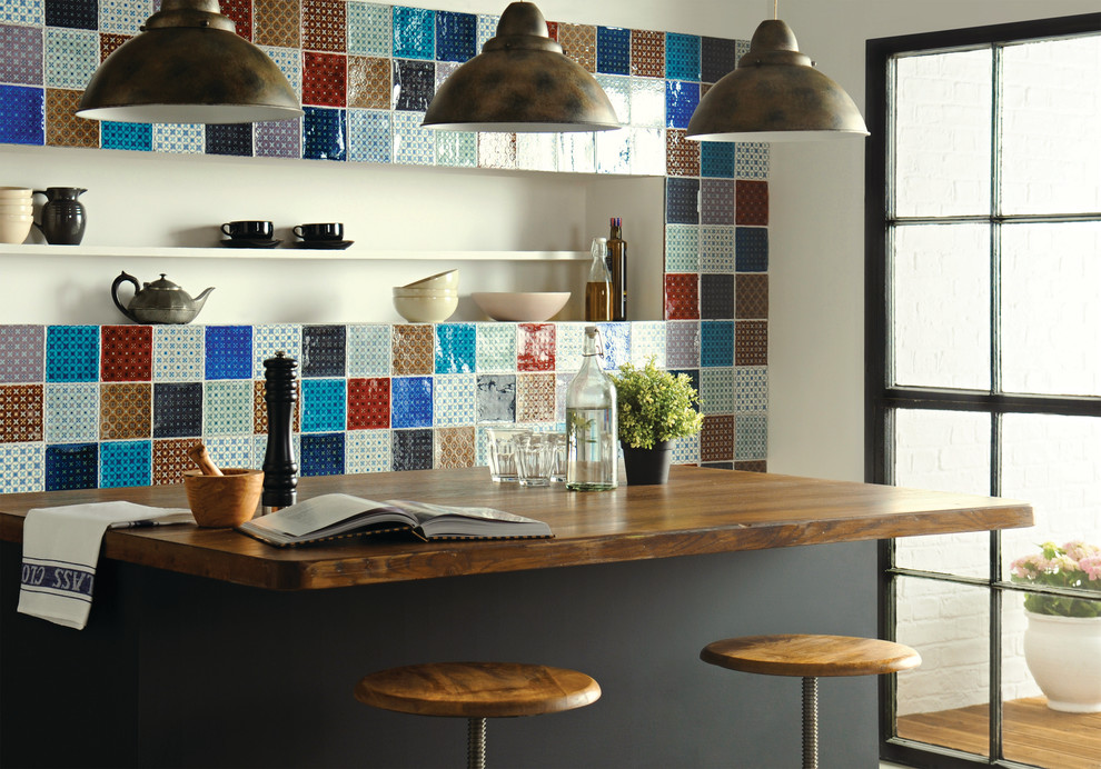 Design ideas for a rustic kitchen in Devon with multi-coloured splashback and ceramic splashback.