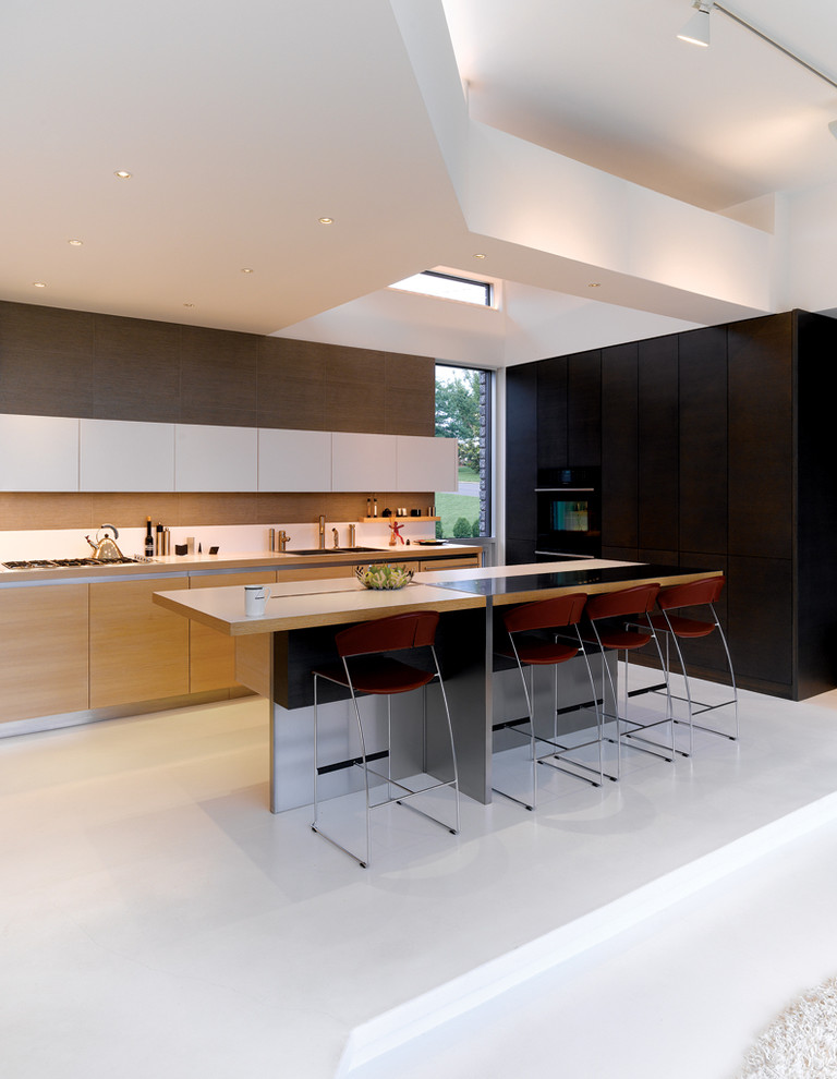 Inspiration for a modern l-shaped kitchen remodel in Kansas City with flat-panel cabinets and light wood cabinets