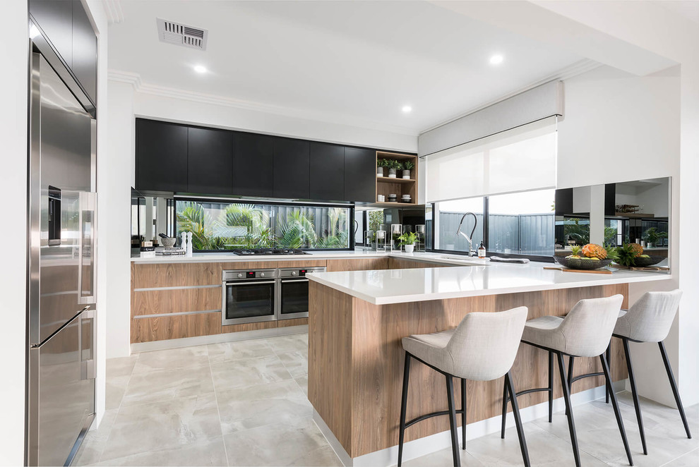 Design ideas for a large contemporary u-shaped kitchen in Perth with a submerged sink, flat-panel cabinets, black cabinets, engineered stone countertops, stainless steel appliances, porcelain flooring, a breakfast bar, beige floors and window splashback.