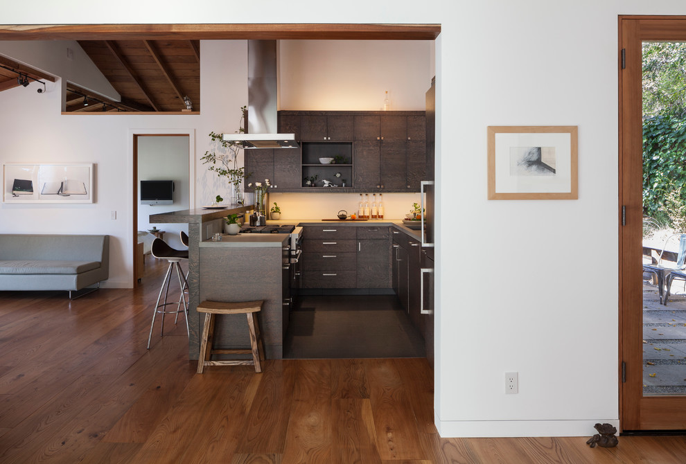 Contemporary u-shaped open plan kitchen in San Francisco with flat-panel cabinets and dark wood cabinets.
