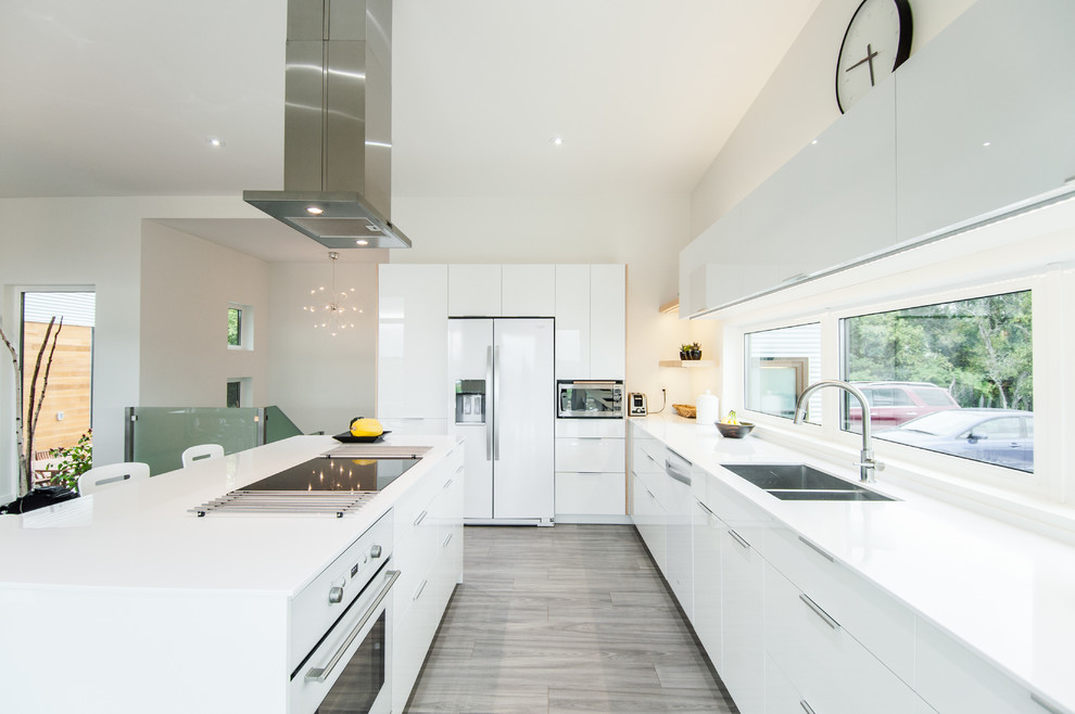 This is an example of a contemporary u-shaped kitchen in Other with a double-bowl sink, flat-panel cabinets, white cabinets and white appliances.