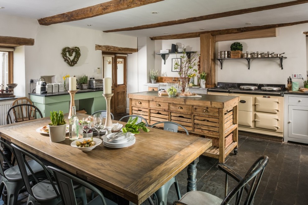 Inspiration for a mid-sized farmhouse single-wall black floor eat-in kitchen remodel in Other with shaker cabinets, white cabinets, colored appliances and an island