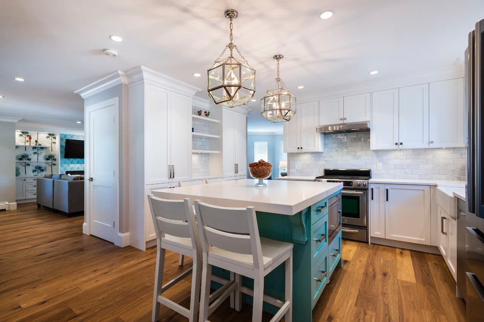 Inspiration for a mid-sized transitional u-shaped medium tone wood floor and brown floor eat-in kitchen remodel in Other with a farmhouse sink, shaker cabinets, turquoise cabinets, quartz countertops, gray backsplash, marble backsplash, stainless steel appliances, an island and white countertops