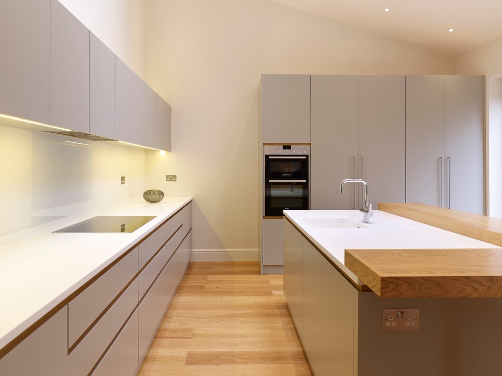 Ispirazione per una cucina ad ambiente unico minimal con ante lisce, top in legno, paraspruzzi bianco, parquet chiaro e penisola