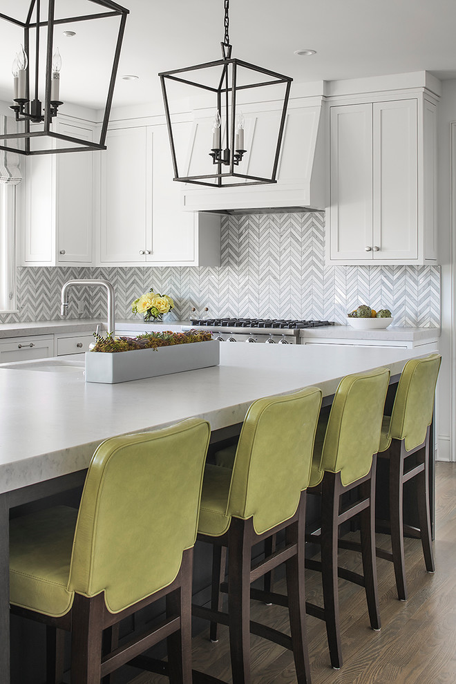 Immagine di una cucina classica con ante in stile shaker, ante bianche, paraspruzzi grigio, elettrodomestici in acciaio inossidabile e parquet scuro