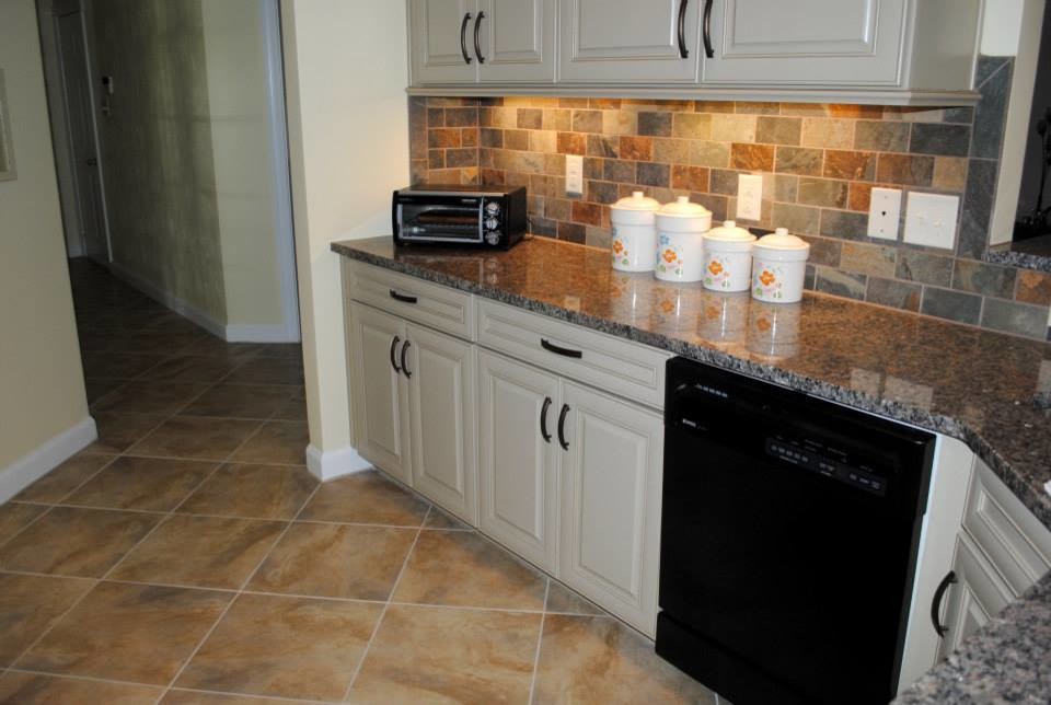 Tile Floor, Caledonia Granite, Multicolored Slate Look Backsplash Traditional Kitchen