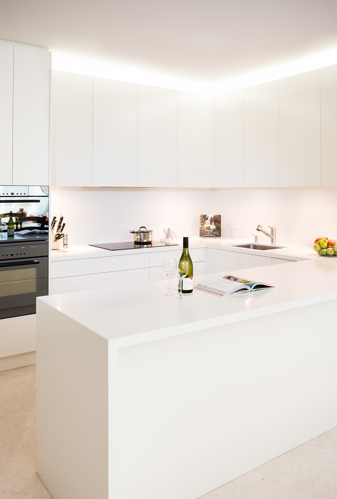 Immagine di una cucina ad U design di medie dimensioni con lavello a vasca singola, ante lisce, ante bianche, paraspruzzi bianco e penisola