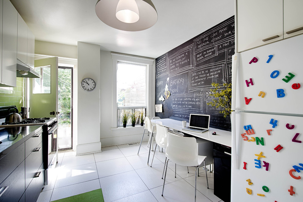 Inspiration for a mid-sized contemporary ceramic tile and white floor enclosed kitchen remodel in Toronto with flat-panel cabinets, green backsplash, subway tile backsplash, white appliances and quartz countertops