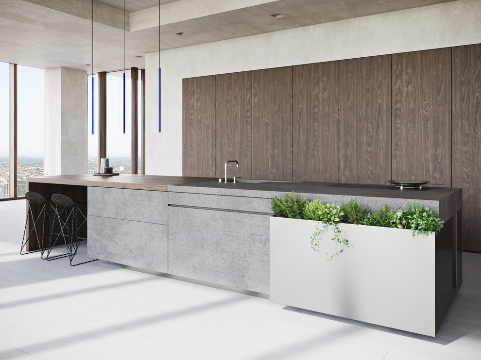 Inspiration for a large contemporary galley kitchen/diner in Chicago with an integrated sink, flat-panel cabinets, concrete worktops, stainless steel appliances, light hardwood flooring, an island, grey floors and grey worktops.