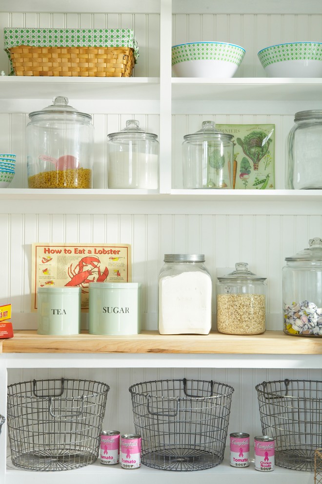 Eat-in kitchen - large coastal u-shaped light wood floor eat-in kitchen idea in Tampa with open cabinets, white cabinets, wood countertops, white backsplash, a farmhouse sink, wood backsplash, stainless steel appliances and an island